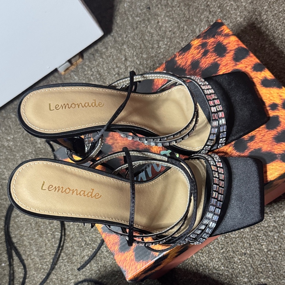 Lemonade Black and Silver Strappy Heels